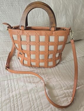 Anthropologie Woven Crossbody Tote Bag with Wood Handles